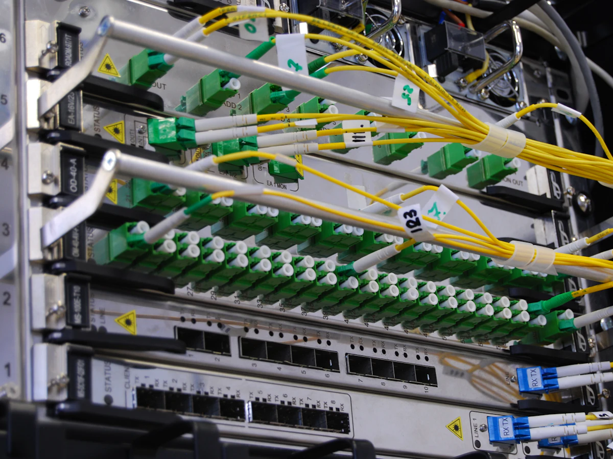 Fibre optic patch cords connected to network equipment